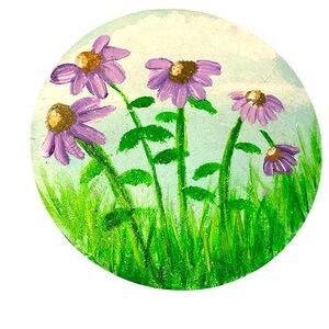 11 inch wood circle with purple flower painting on it and Christmas tree